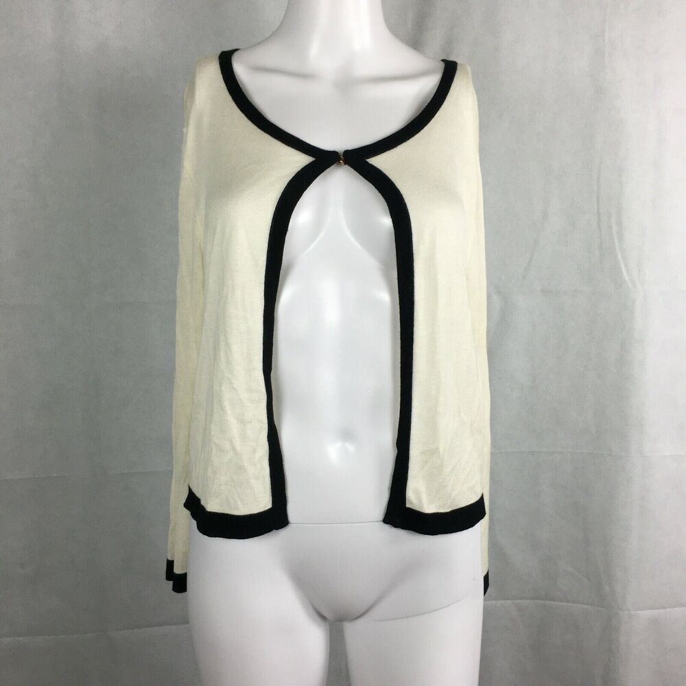 Talbots Cardigan Womens Sz M Ivory Black‎ Trim Knit Sweater Lightweight